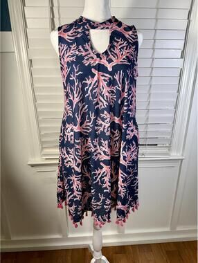 Simply Southern Coral Reef Tassel Hem Shift Dress - Navy/Pink - Size Small